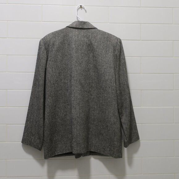 ROBYN MEREDITH VINTAGE BLAZER TWEED BOXY WOOL SILK BLACK WHITE sz 14 pocket line - Picture 2 of 7
